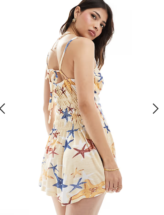 ASOS DESIGN square neck cami shirred bodice mini dress in starfish print