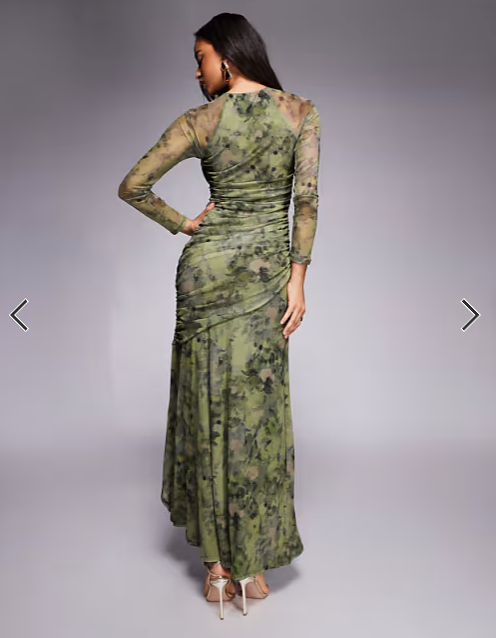 ASOS DESIGN printed mesh long sleeve maxi dress with asymmetric ruching in abstract floral print