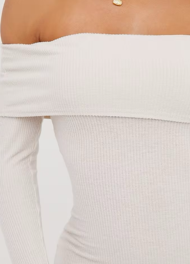 Bardot Fold Over Detail Mini Bodycon Dreszz in Stone Brushed Rib