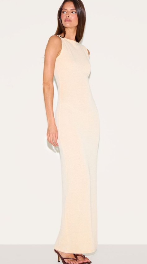 Almond Textured Boat Neck Sleeveless Maxi Dress