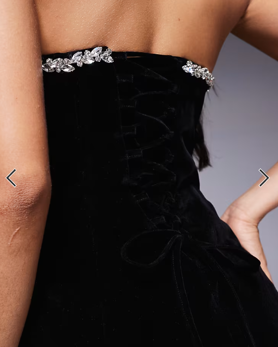 Murci structured bandeau velvet diamante trim lace up back detail mini dress in black