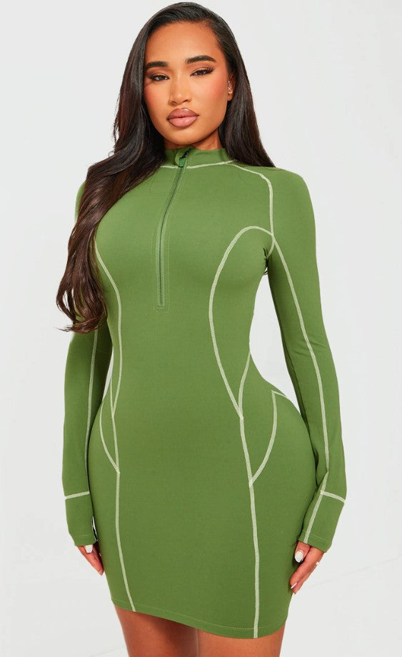 Shape Khaki Soft Seamless Contrast Long Sleeve Bodycon Dress