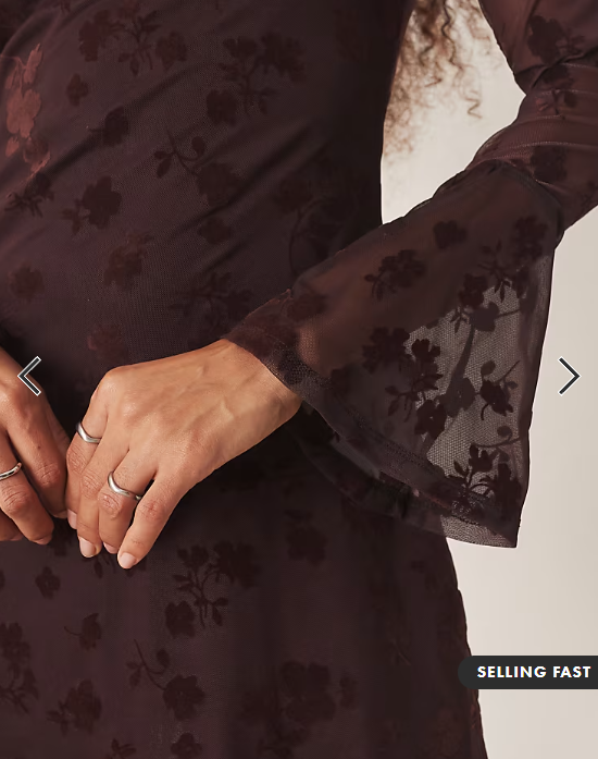ASOS DESIGN flocked floral mini dress with flute sleeve in chocolate brown
