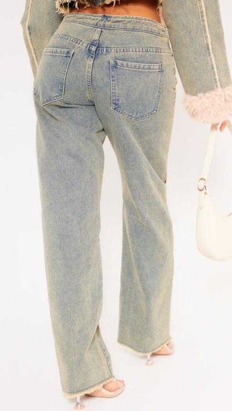 Petite Vintage Wash Fray Detail Lace Up Straight Leg Jeans