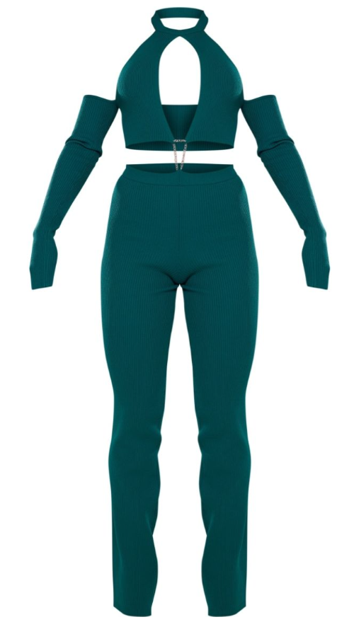 Plt - Emerald Green Rib Knit Cut Out Chain Detail Jumpsuit