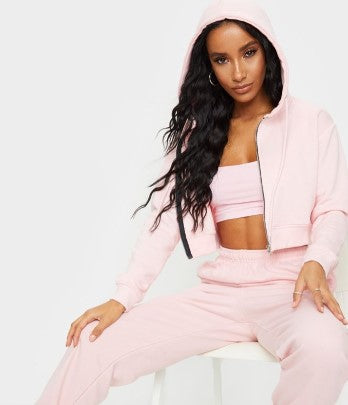 Baby Pink Zip Crop Hoodie