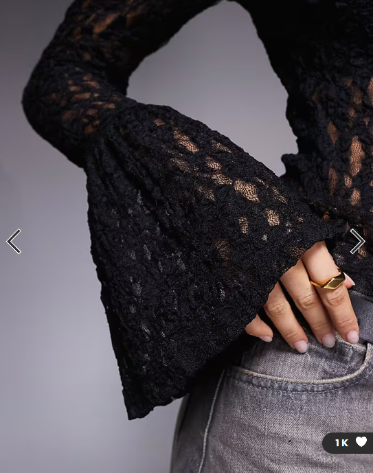 ASOS DESIGN sheer lace fluted cuff top in black
