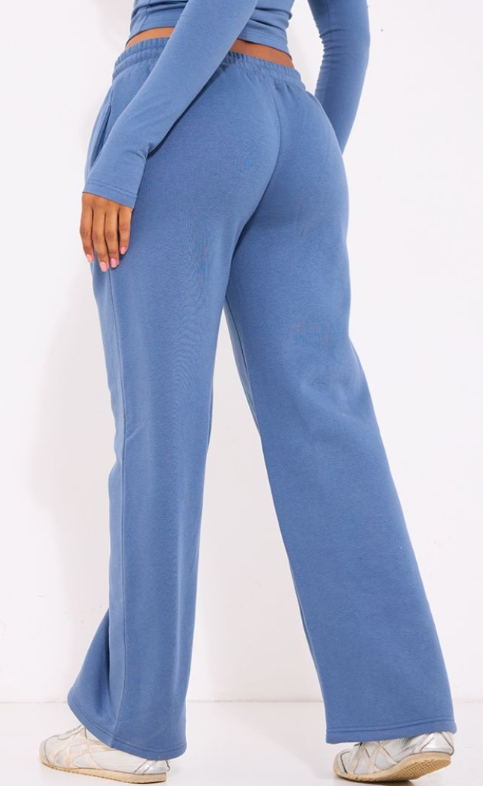 Blue Embroidered Graphic Wide Leg Joggers