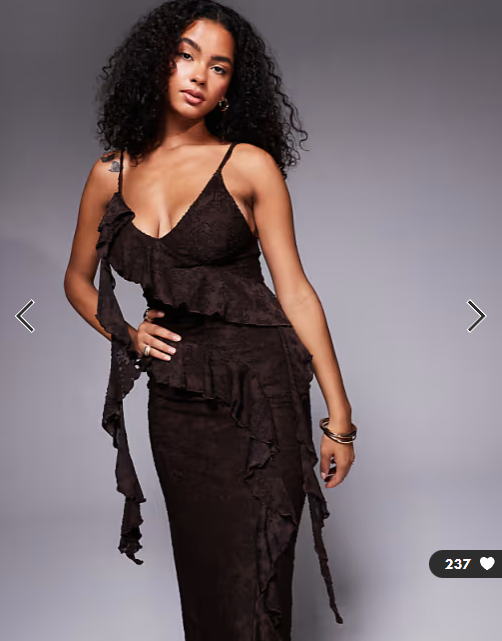 ASOS DESIGN devore lace ruffle strappy back maxi dress in chocolate