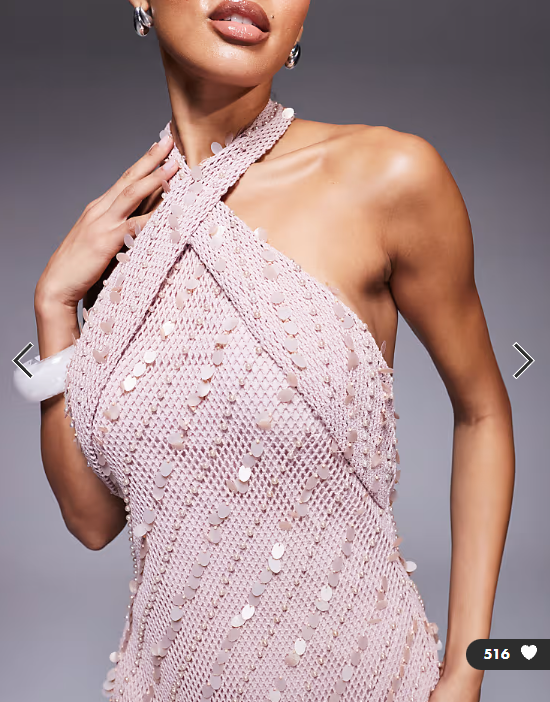 ASOS DESIGN crochet cross front maxi dress with sequin and pearl embellishment in light pink