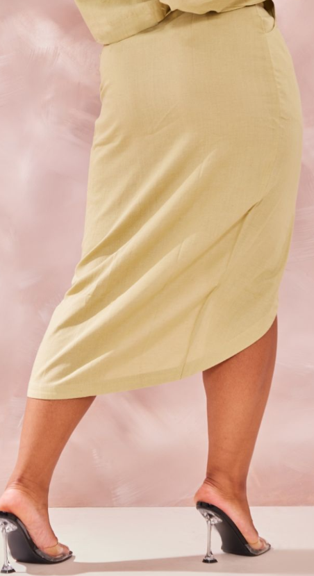 Plus Sage Green Linen Look Split Front Midi Skirt
