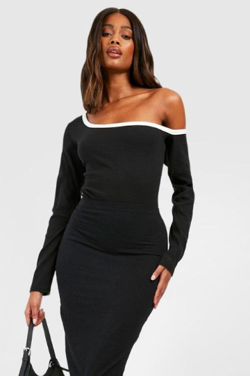 Boohoo Premium Contrast Rib Off The Shoulder Bodysuit - black