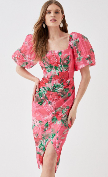 Organza Pencil Dress With Puff Sleeve