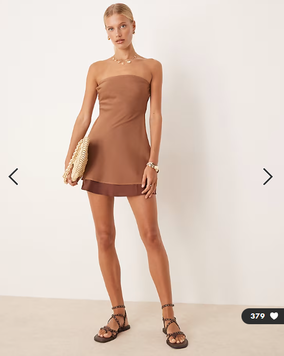 ASOS DESIGN double layer with contrast satin hem bandeau mini dress in brown