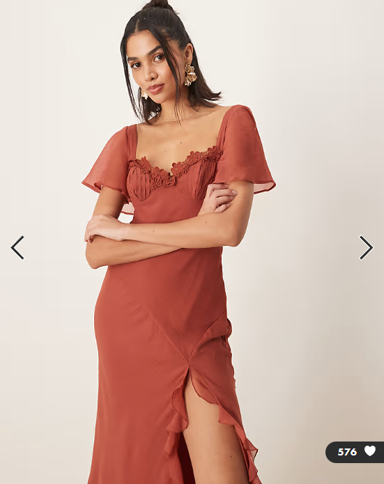 ASOS DESIGN flutter sleeve lace trim ruffle split midaxi dress with open back in rust