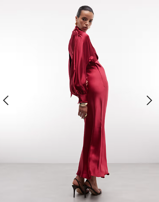 & Other Stories satin maxi dress with volume sleeves and detachable scarf in raspberry