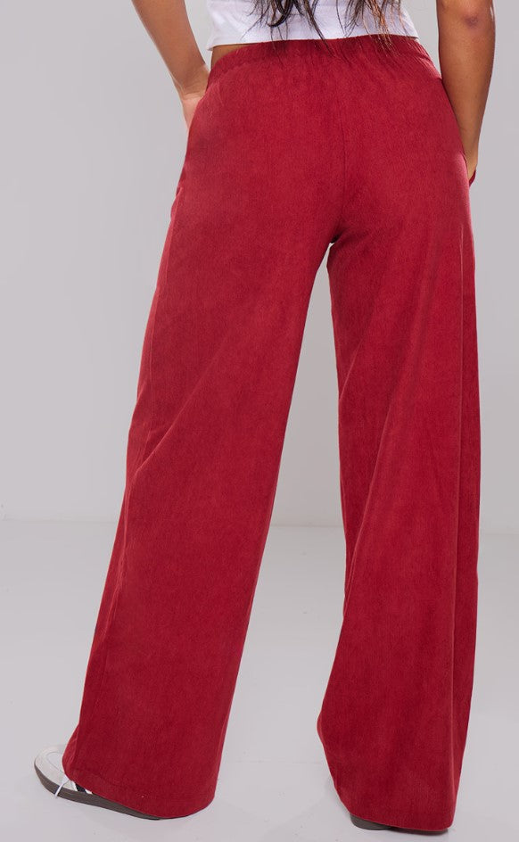 Burgundy Cord Tie Waist Low Rise Trousers