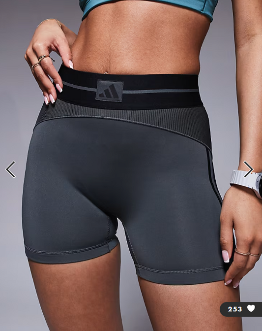 adidas Training Hyperglam rib booty shorts in grey and black