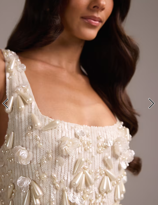ASOS DESIGN pearl encrusted square neck maxi dress with beaded fringe in ivory