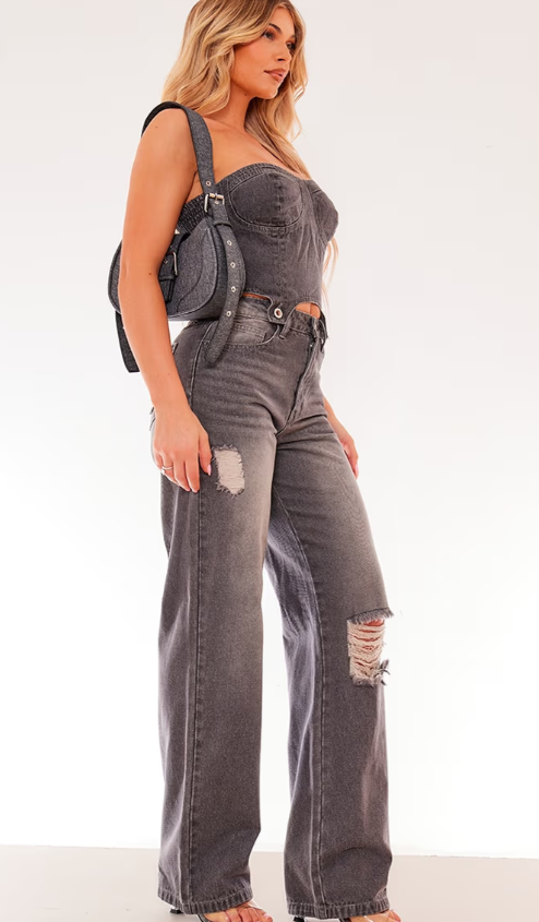 WASHED GREY DETACHABLE BANDEAU DENIM JUMPSUIT