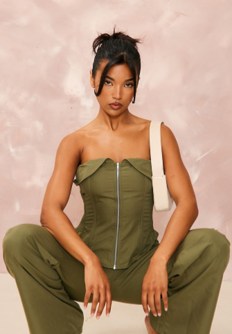 Khaki Woven Foldover Zip Up Cargo Corset