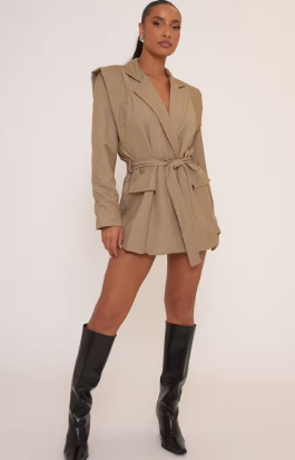Ego - Belted Shoulder Detail Blazer Dress - Taupe
