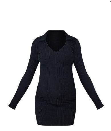 Maternity Black Plunge Polo Neck Mini Dress