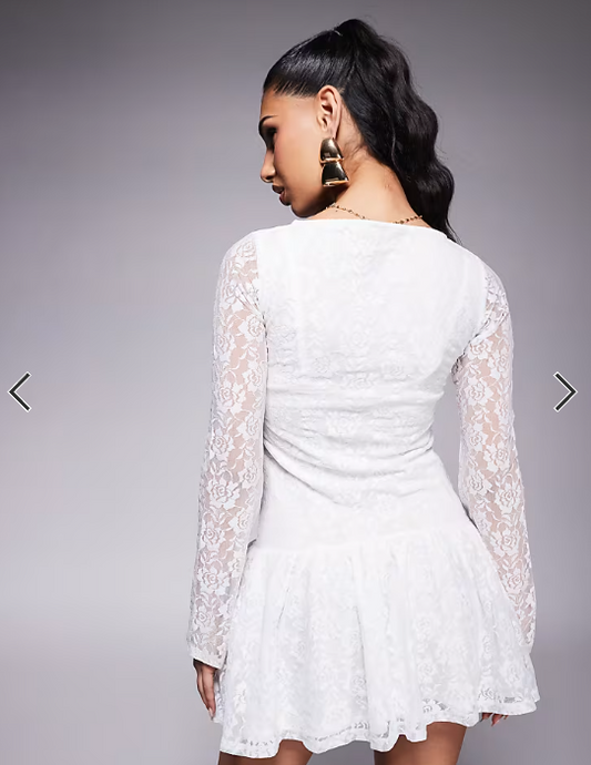 ASOS DESIGN lace dropped waist flute sleeve mini dress in ecru