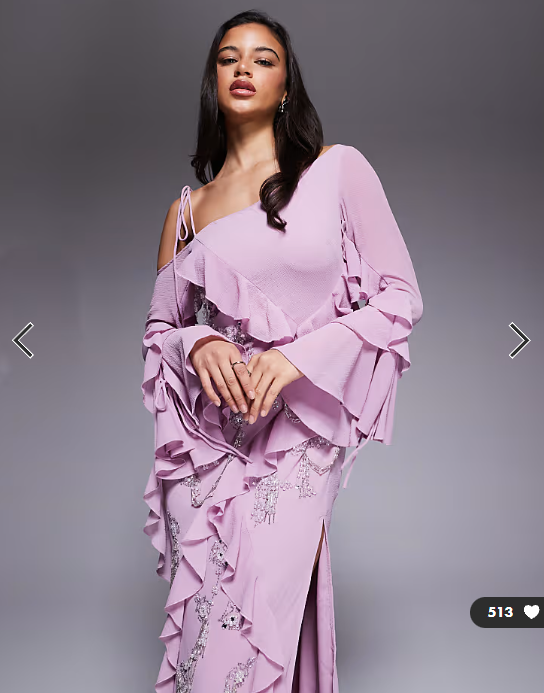 ASOS DESIGN raw edge ruffle embellished maxi dress with asymmetric sleeves in pink