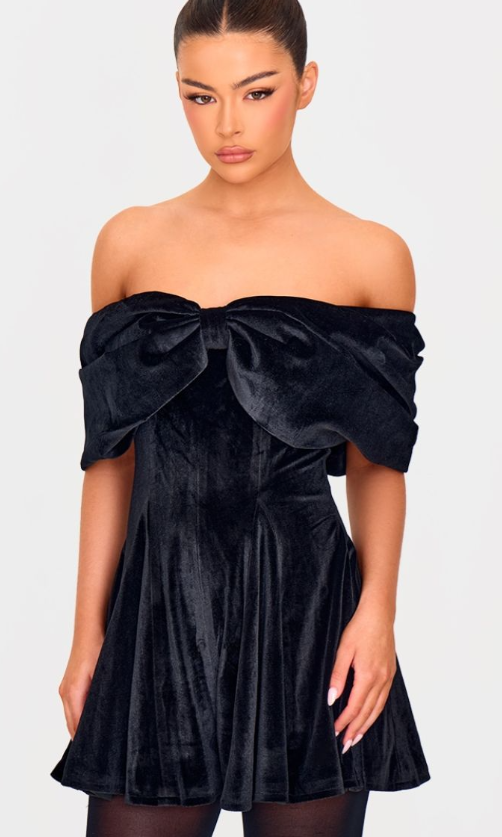 Black Premium Velvet Extreme Bow Detail Playsuit