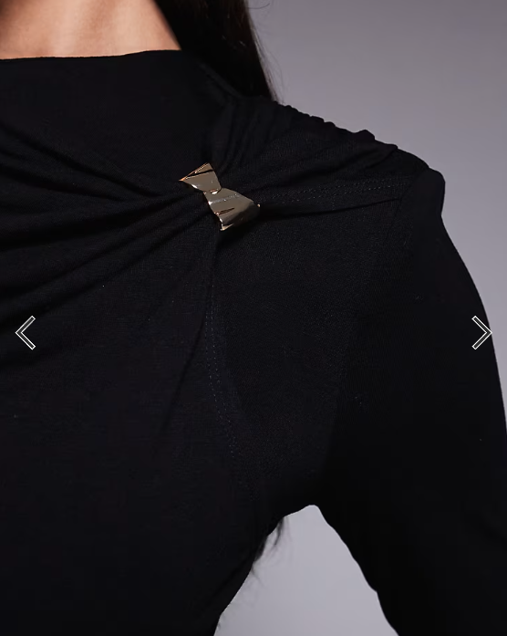 ASOS DESIGN long sleeve drape mini dress with gold trim and sash detail in black
