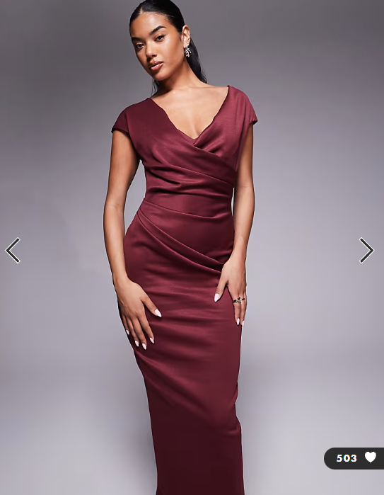 ASOS DESIGN structured midi dress with capped sleeve and draped cross front in dark berry