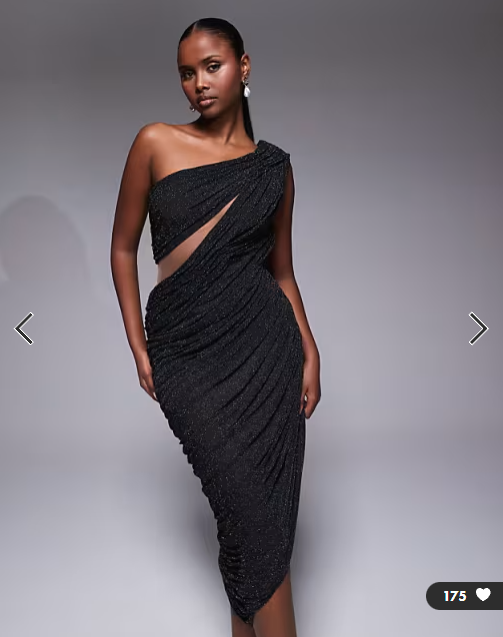 JLUXLABEL Aura one shoulder draped cut out asymmetric midi dress in black glitter