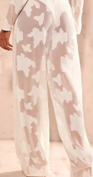 Cream Sheer Woven Floral Devore Wide Leg Trousers.