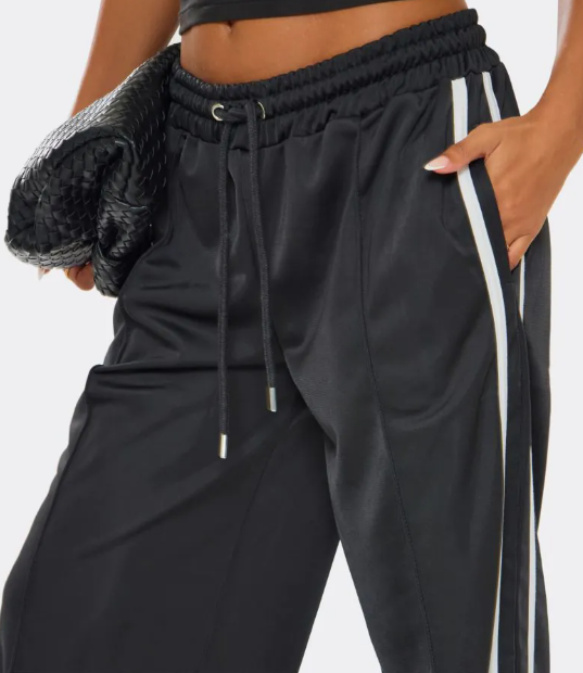 Tie Waist Contrast Stripe Track Pants In Black