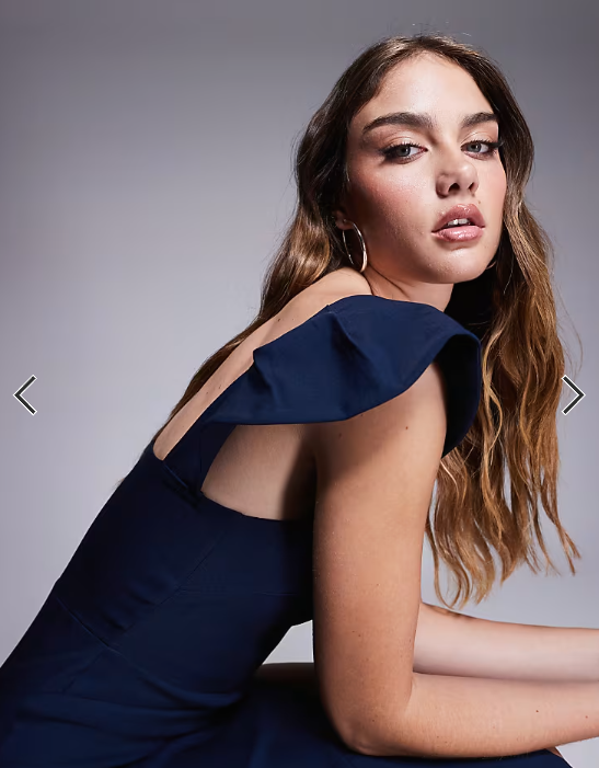 Vesper bengaline square neck ruffle sleeve side split midaxi dress in navy