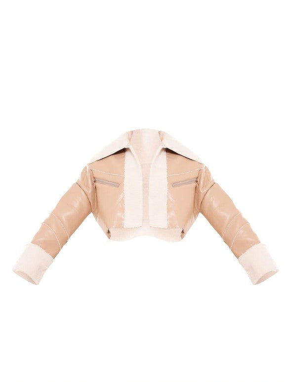 Beige bonded borg lined faux leather cropped aviator jacket