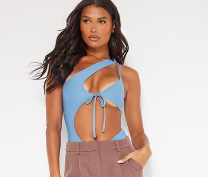 Steel Blue Slinky Asymmetric Tie Front Cut Out Bodysuit