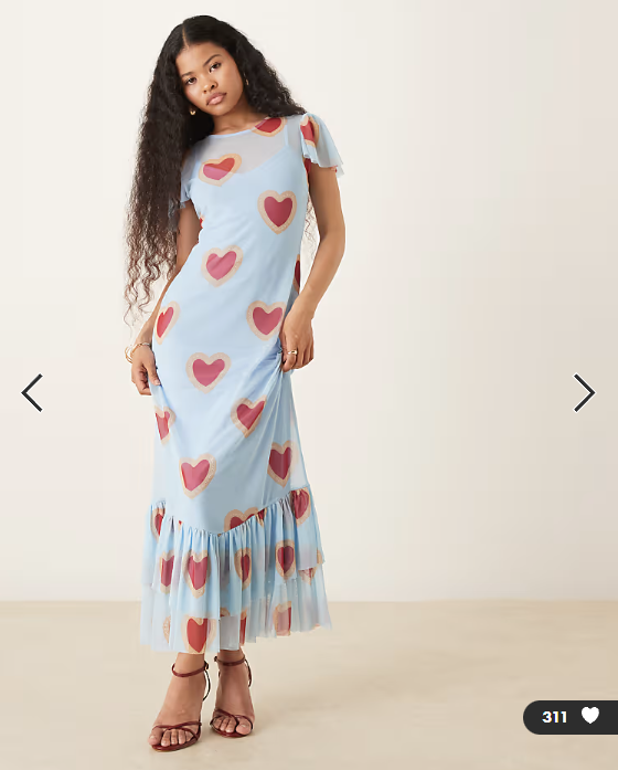 Never Fully Dressed Petite mesh flutter sleeve ruffle hem maxi dress in baby blue heart print