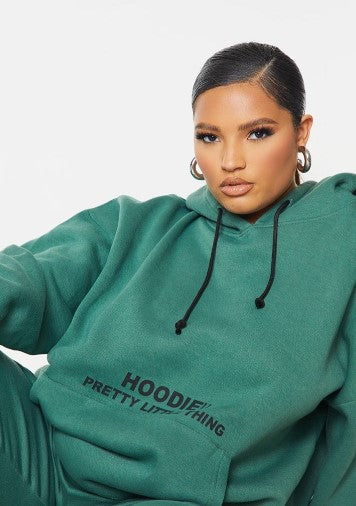 PLUS GREEN SLOGAN PRINT POCKET FRONT OVERSIZED HOODIE