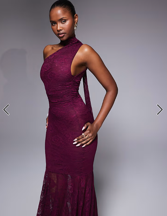 Kaiia exclusive slinky lace asymmetric scarf detail sheer hem maxi dress in dark cherry