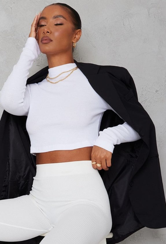 White Basic Soft Ribbed High Neck Long Sleeve Crop Top
