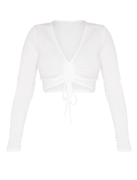 Plt - Shape White Ribbed Long Sleeve Ruched Front Crop Top