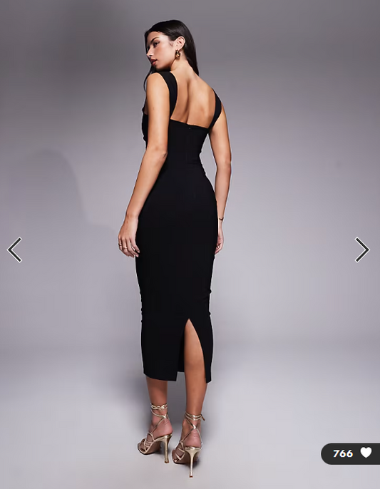 Vesper bengaline sweetheart neckline ruched front midaxi dress in black