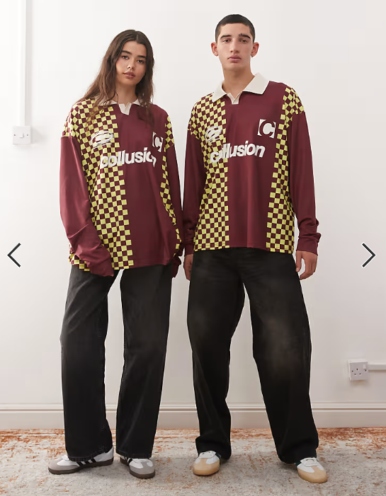 COLLUSION Unisex long sleeve checkerboard soccer t-shirt in burgundy