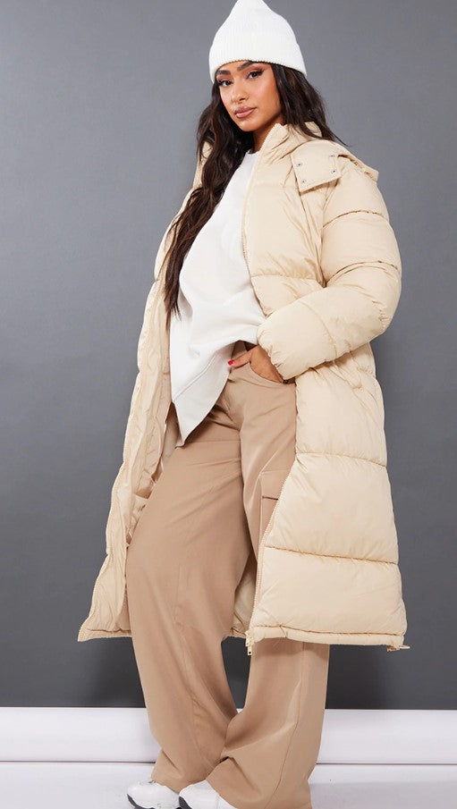 Petite Camel Long Puffer Coat