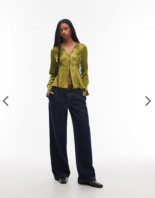ASOS DESIGN tie front long sleeve satin top in olive