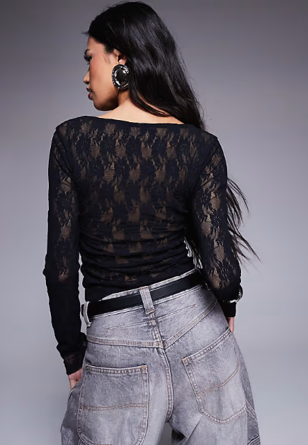 ASOS DESIGN square neck sheer lace top in black