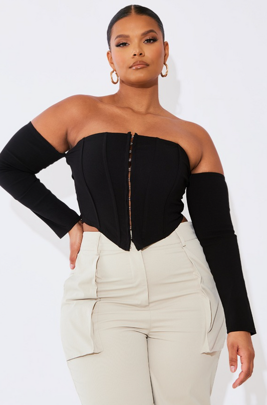 Plus Black Stretch Woven Corset Top