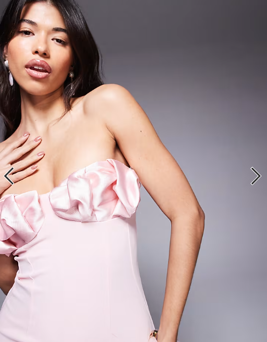 ASOS DESIGN bandeau midi dress with pleated satin bust cups in light pink in scuba-style fabric